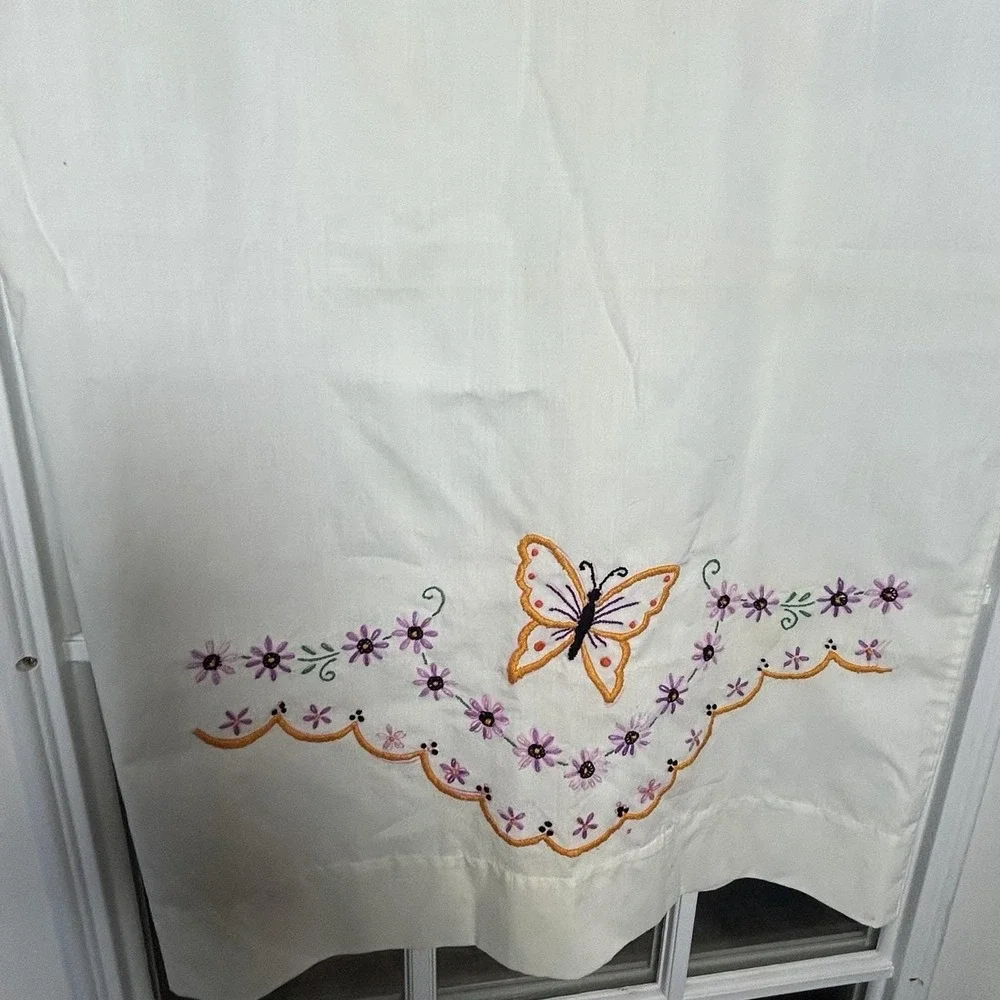 Vintage Hand Embroidered Pillowcase Butterfly Flowers Country Cottage